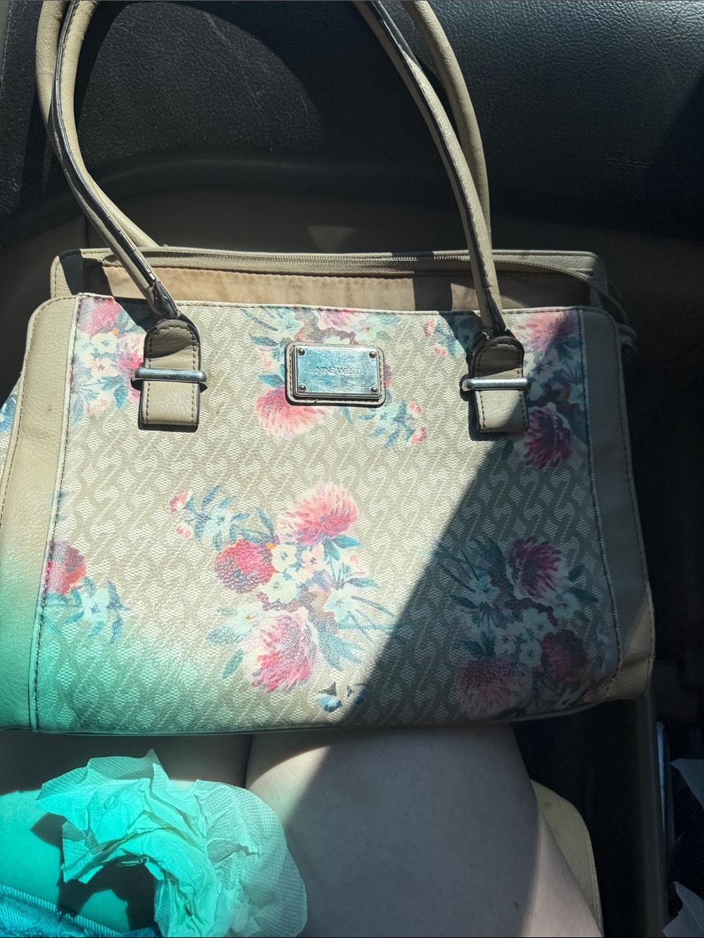Nine West Beige Floral Tote with Pink and Blue Accents